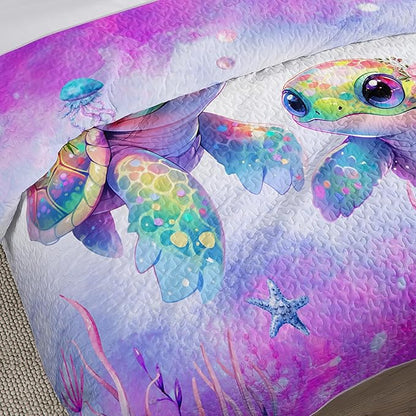 Coastal Themed Quilted Quilt Twin Size,Sea Turtles Bedding Sets for Kids Girls Room Decor,Seagrass Starfish Pattern Lightweight Quilt with 2 Pillowcases.
