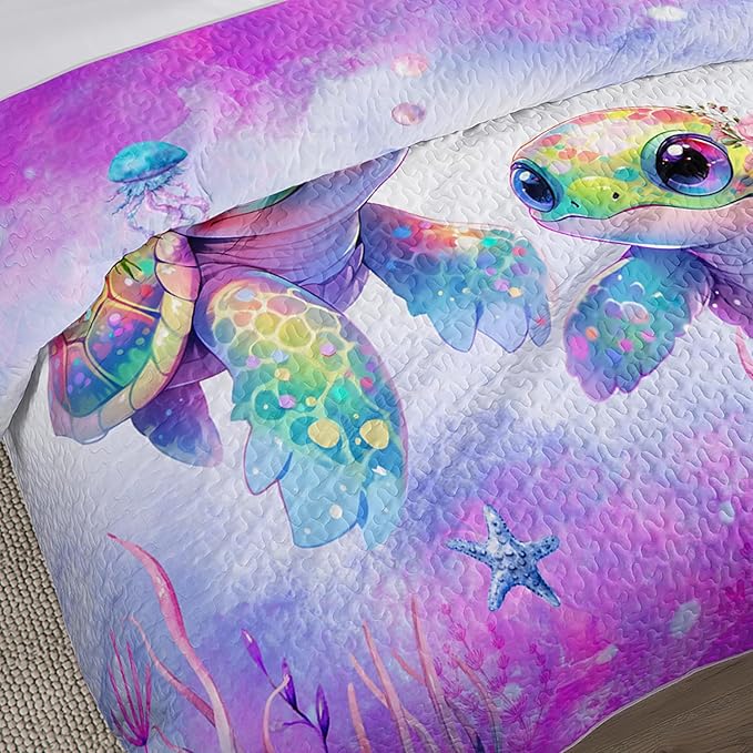 Coastal Themed Quilted Quilt Queen Size,Sea Turtles Bedding Sets for Kids Girls Room Decor,Seagrass Starfish Pattern Lightweight Quilt with 2 Pillowcases.