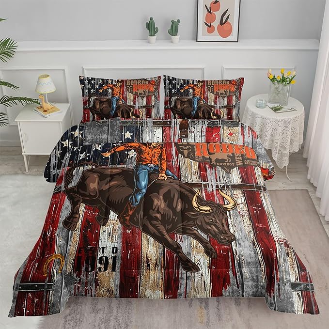 Western Cowboy Comforter Set Vintage American Bedding Set with 1 Comforter and 2 Pillowcases for Boys and Girls Bedroom All Season(Cowboy Queen)
