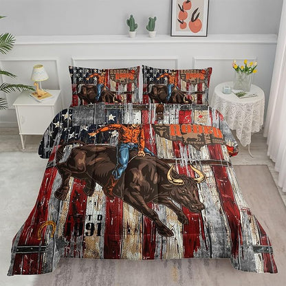 Western Cowboy Comforter Set Vintage American Bedding Set with 1 Comforter and 2 Pillowcases for Boys and Girls Bedroom All Season(Cowboy Queen)