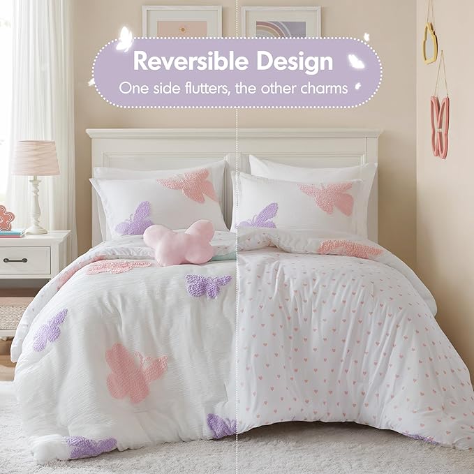 Intelligent Design Kids Rio Twin Comforter Set – Girls’ Reversible Tufted Chenille Bedding with Pastel Purple Butterflies and Pink Dot, 3pcs
