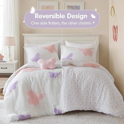 Intelligent Design Kids Rio Twin Comforter Set – Girls’ Reversible Tufted Chenille Bedding with Pastel Purple Butterflies and Pink Dot, 3pcs