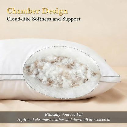 Feather Pillows King Size Set of 2 Goose Down Pillows with 100% Breathable Cotton Cover, Hotel Collection Bed Pillows for Sleeping, Soft Support for Back, Stomach and Side Sleepers