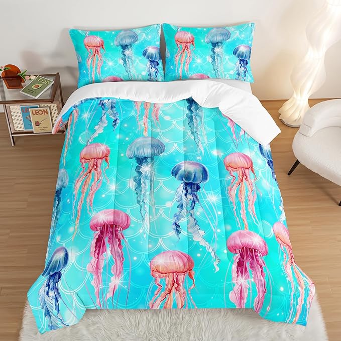 HOSIMA Colorful Jellyfish Comforter Set Full Size,Ocean Animal Theme Bedding Sets for Kids Boys Girls,Blue Fish Scales Glitter Marine Decor Comforter Bedding Collection with 2 Pillowcases.