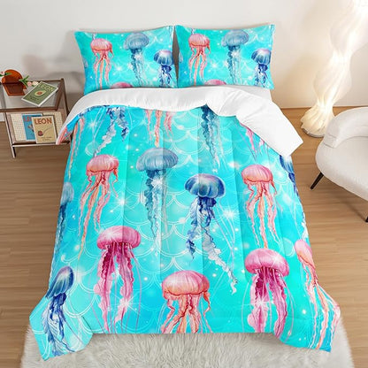 HOSIMA Colorful Jellyfish Comforter Set Full Size,Ocean Animal Theme Bedding Sets for Kids Boys Girls,Blue Fish Scales Glitter Marine Decor Comforter Bedding Collection with 2 Pillowcases.