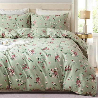 100% Cotton Duvet Cover Set Queen Size– Green Classic Botanical Print Bedding Set 3 Pieces, Breathable Lightweight Comforter Cover with Zipper Closure, Vintage Garden Floral Bed Set