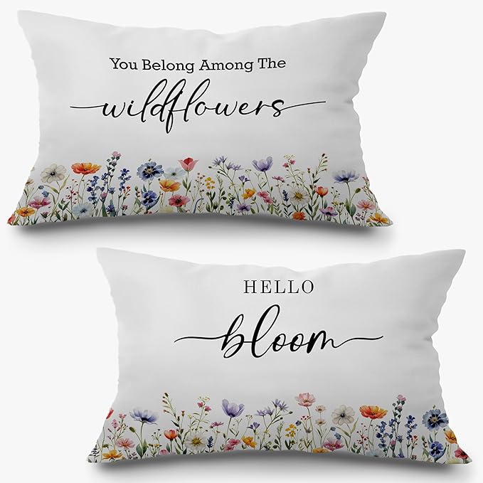 Inspirational Spring Wildflower Pillow Covers 12x20 Set of 2, Hello Bloom Floral Decorative Lumbar Pillow Covers for Baby Girls Nursery Room Bedroom Dorm