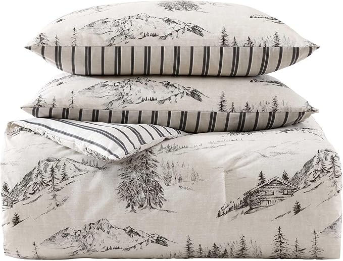 Eddie Bauer - Twin Comforter Set, Reversible Bedding with Matching Sham, Oeko-Tex Certified, Dorm Essentials (Rocky Mountain Cabin Grey)