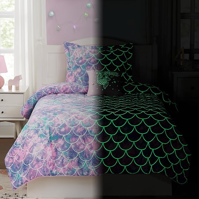 Twin Comforter Set for Girls- 3 Pieces Glow in The Dark Mermaid Twin XL Bedding Set with 1 Comforter, 1 Decor Pillow & 1 Pillow Shams