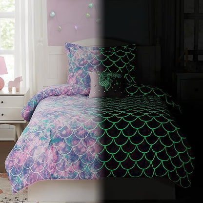 Twin Comforter Set for Girls- 3 Pieces Glow in The Dark Mermaid Twin XL Bedding Set with 1 Comforter, 1 Decor Pillow & 1 Pillow Shams