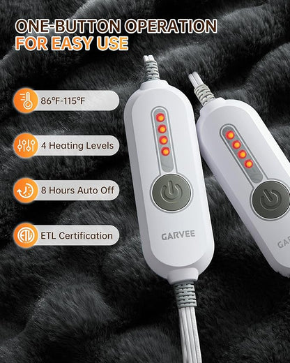 GarveeHome Heated Blanket King, Dual Control Faux Fur Electric Heating Blanket with 4 Heat Settings, Soft Bubble Blanket with 8 Hour Auto-Off & Overheat Protection, for Gifts Couch or Bed, Dark Grey
