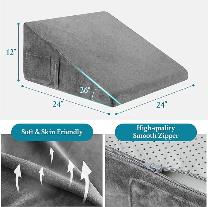Wedge Pillow for Sleeping, 12" Bed Wedge Pillow for After Surgery, Triangle Pillow Wedge for Heartburn, Acid Reflux, GERD, Back Pain Relief, Neck Pain, Soft & Cooling Memory Foam Top