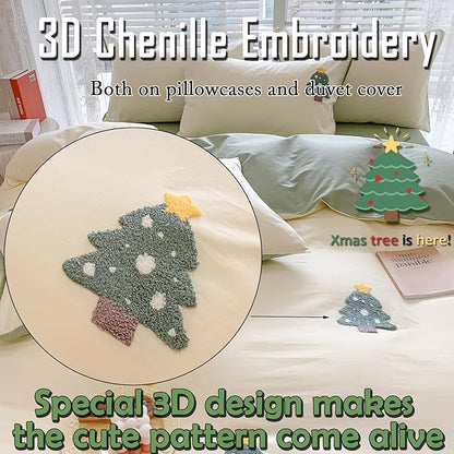 MorroMorn Cotton Duvet Cover Queen Size, Green 3D Embroidery Queen Bedding Sets, Chenille Embroidered Comforter Covers Lightweight Blanket Soft for Girls Boys Kids Teen (Christmas Tree, Full/Queen)