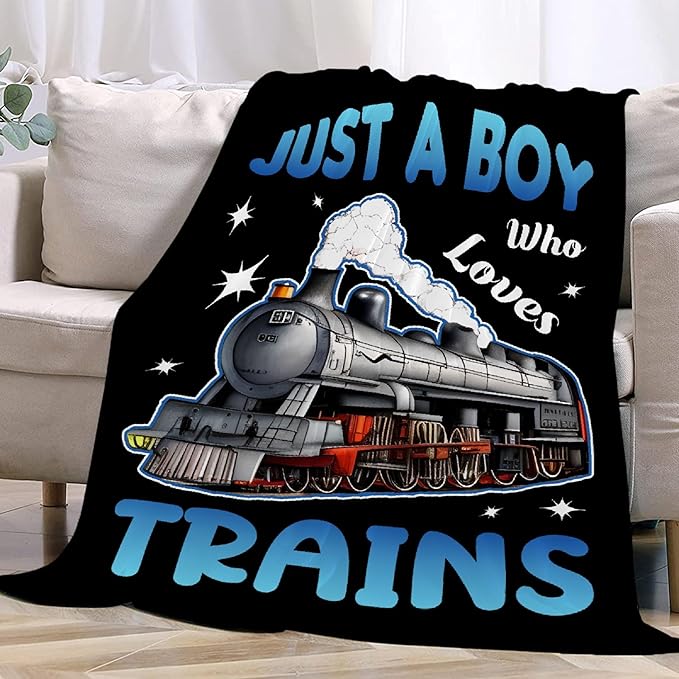 Boy Who Loves Trains Blanket Soft Blankets and Throws Flannel Cozy Lightweight Quilt Gift for Train Lovers for Bed Sofa Couch-50x40 Inches