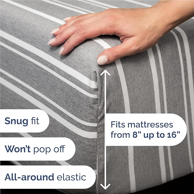 Full 6 Piece Sheet Set - Comfy Breathable & Cooling - Soft Hotel Luxury Bedding Set with 8-16 Inch Deep Pockets - 1 Flat & 1 Fitted Sheet & 4 Pillowcases - Wrinkle Free & Easy Care - Grey Stripes 3