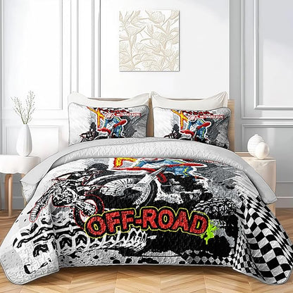 AILONEN 3-Piece Motocross Racing Quilt Set Twin Size Motorcycle Dirt Bike Bedspread Coverlet Soft Microfiber with 2 Pillowcases for Kids Girls Bed Cover