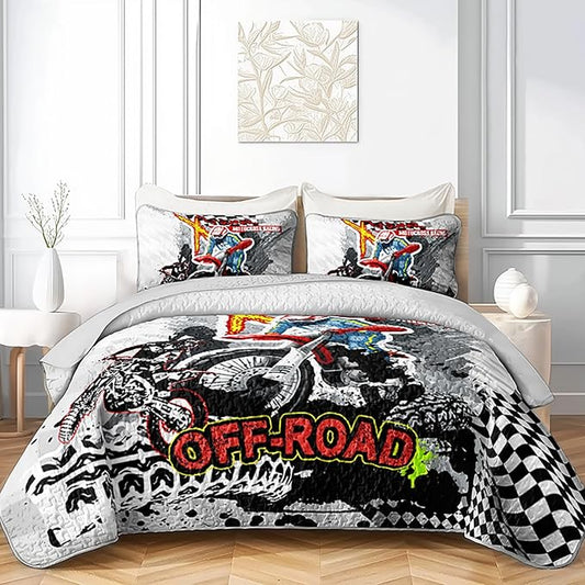 AILONEN 3-Piece Motocross Racing Quilt Set Queen Size Motorcycle Dirt Bike Bedspread Coverlet Soft Microfiber with 2 Pillowcases for Kids Girls Bed Cover