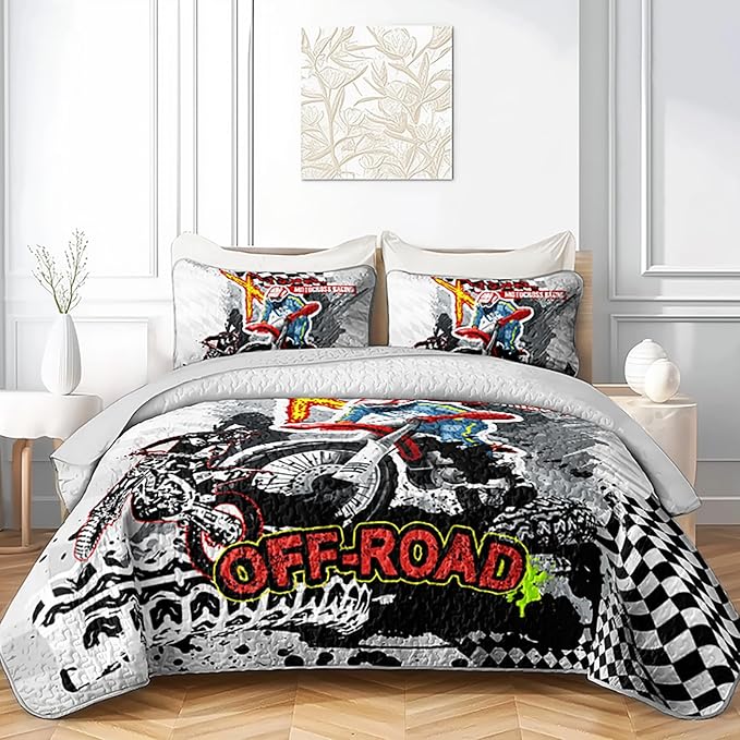 AILONEN 3-Piece Motocross Racing Quilt Set King Size Motorcycle Dirt Bike Bedspread Coverlet Soft Microfiber with 2 Pillowcases for Kids Girls Bed Cover