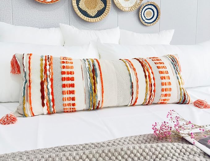 Chenille and Cotton Long Pillow for Bed, Striped Textured Boho Lumbar Throw Pillow Cover 12x36, Neutral Accent Decorative Extra Long Body Pillow Case for Couch, Sofa, Bedroom, Red
