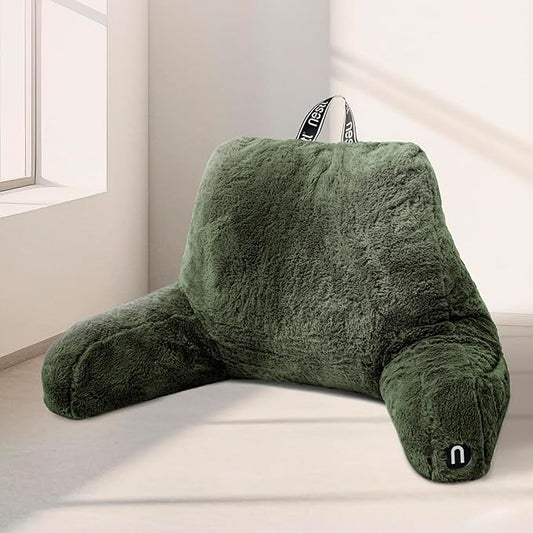 Nestl Fur Reading Pillow, Stylish Back Pillow for Bed Sitting Up, Faux Fur Bed Chair Pillow with Arms, Reading Pillows for Sitting in Bed Adult & Kids, Back Support Pillow for Bed Rest - Olive Green