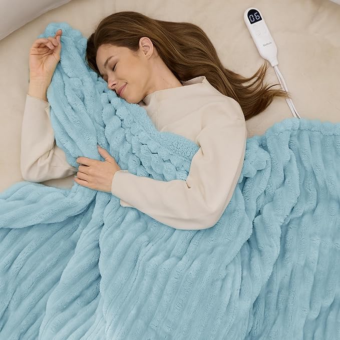 Bedsure Electric Blanket Twin - Thick Striped Flannel Electric Blanket, Heating with 10 Time Settings, 6 Heat Settings, and 8-Hour Timer Auto Shut Off, Gifts for Grandma (62x84 inches, Light Blue)
