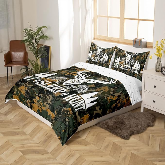 Castle Fairy Hunting Themed Duvet Cover Set Twin Size,Deer Antler Fish Bird Pine Trees Print Comforter Cover for Kids Boys Bedroom Gift,Green Camo Leaves Bedding Set with 1 Pillowcase Bedspread