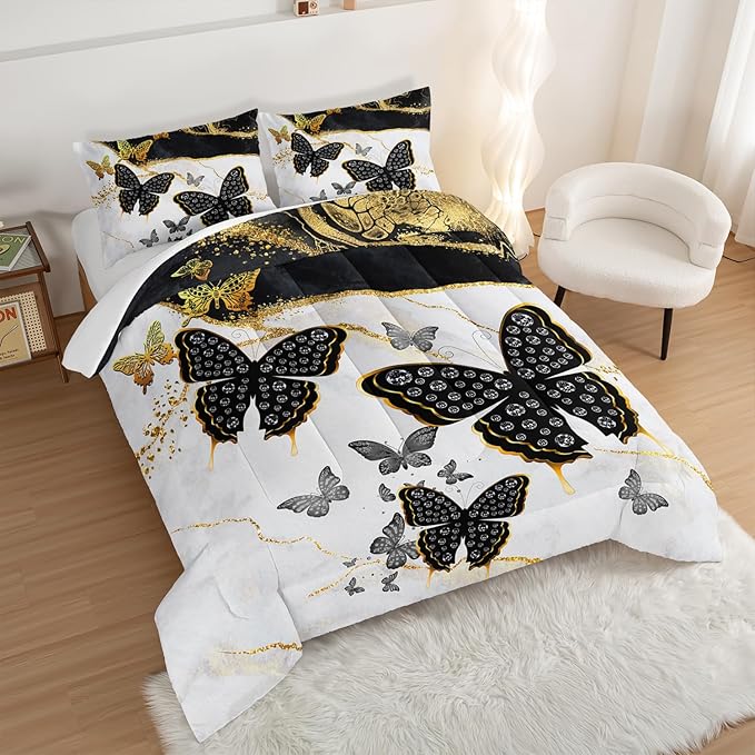 Kids Bedding Twin Size Comforter Set,Black and Gold Butterfly Bedding Comforter Sets for Boys Girls Room Decor,Marble Texture Artistic Aesthetic Bedding Sets with 2 Pillowcases.