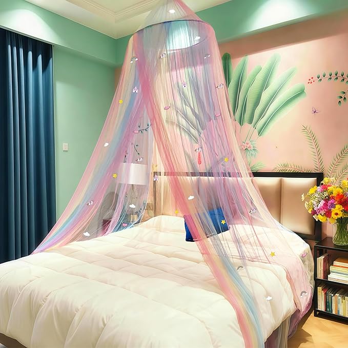 Eimilaly Princess Rainbow Bed Canopy with Unicorn Castle Glow in The Dark, Bed Canopy for Girls Room Decor or Fairy Theme Party