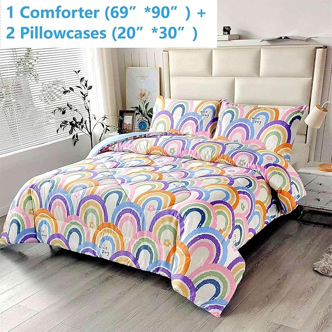 SDIII 3PCS Rainbow Twin Comforter Set, Soft Microfiber Lightweight Rainbow Comforter Twin, Cute Colorful Bedding Quilt Set for Girls Boys Kids Teens