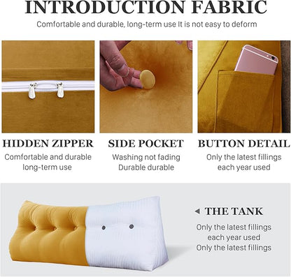 10 lbs Thickened Full Headboard Pillow for Sitting Up in Bed, Back Support Reading Pillow with Side Pocket and Velvet Removable Cover, Triangular Large Wedge Headboard Pillow