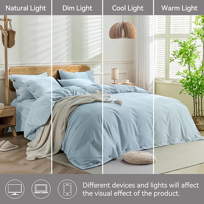 JELLYMONI Cotton Duvet Cover Full Size - Light Blue Comforter Cover with Button 100% Washed Cotton 3PCS Breathable Soft Solid Bedding Set Duvet Cover 80×90in & 2 Pillowcases (NO Comforter)