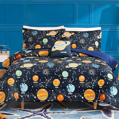 Twin Comforter Set for Boys-3 Pieces Space Glow in The Dark Twin Bedding Sets for Kids,1 Comforter,1 Sham and 1 Decor Pillow