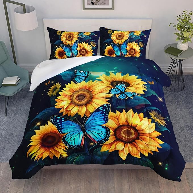 Yellow Sunflower Bedding Blue Butterfly Comforter 3Pcs Twin Black Floral Botanical Pattern Quilt Set for Kid Teen Girl Boy Romantic Starlight Bed Decor Set with 1 Comforter and 2 Pillowcases