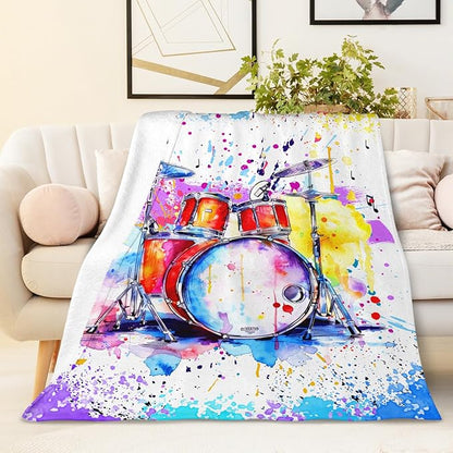 Music Blanket for Kids Teens Adults, 40x50 Inches Drum Kit Throw Blanket Gifts for Music Enthusiast Drummer Boys Girls, Cute Soft Fuzzy Flannel Music Themed Blanket Decor for Couch Sofa Bed