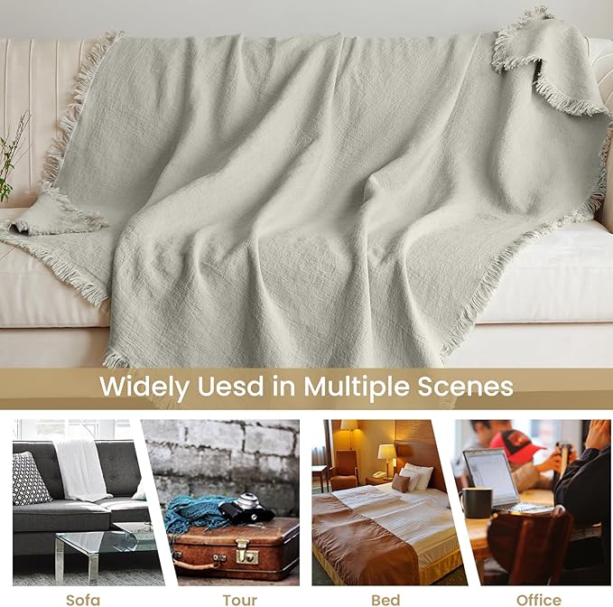 Simple&Opulence 100% Linen Throw Blanket 55x75 inches, Farmhouse Boho Tassel Blanket for Couch, Bed, Sofa, Breathable Natural Cozy Décor, Linen