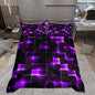Castle Fairy Abstract Bedding Set Twin Size,3D Modern Cool Geometric Grid Square Comforter Cover Set for Kids Girls,Shiny Purple Neon Light Black Bedding Quilt Cover Set Bedroom Decor, 2 Pcs