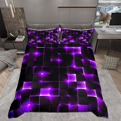 Castle Fairy Abstract Bedding Set King Size for Teens,3D Modern Cool Geometric Grid Square Comforter Cover with 2 Pillowcases,Shiny Purple Neon Light Black Duvet Cover Set Microfiber Quilt Cover
