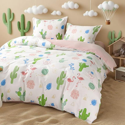 Simple&Opulence 100% Organic Cotton Duvet Cover for Kids Teens, 3 Pieces Soft Comforter Cover with Zipper Closure Warm Adorable Flamingo Bedding Set - Cactus, Twin