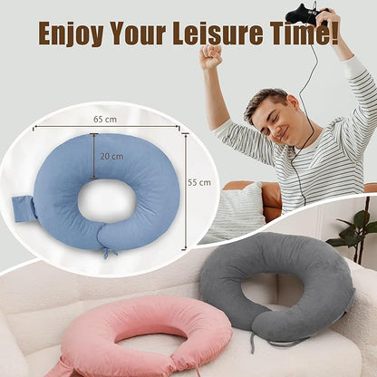 XWZO Reading Pillow for Gaming, Crocheting or Playing with Strong Arm Support, Gaming Pillow for Arm Rest When Sitting in Bed & Sofa, Lap Pillow Swen with Tiebacks and Side Pocket, Blue