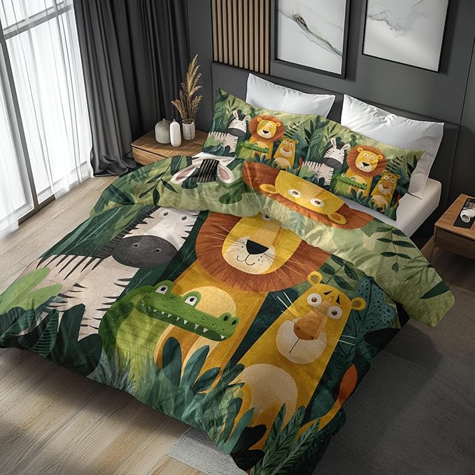 Jungle Animal Duvet Cover Oversized King Size, Kids Boys Girls Bedding Set 3 Pcs (2 Pillow Shams), Super Soft Microfiber Bedroom Decor, Zipper & Ties CSXQ1245