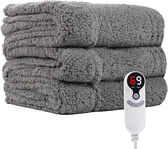 Electric Heated Blanket Full Size 72"×84" with 6 Heating Levels & 1-10Hs Auto Off, Heating Blanket Double Sided Plush Sherpa, Fast Heating, Machine Washable for Christmas Gift - Light Gray