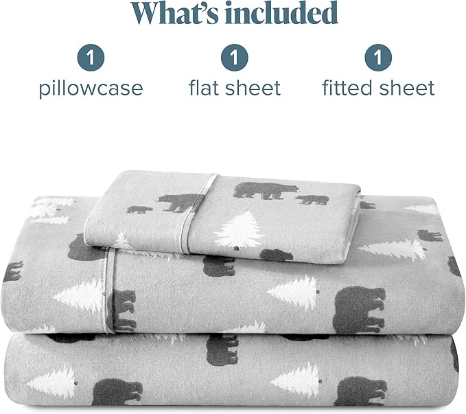 Bare Home Flannel Sheet Set Prints, 100% Cotton, Velvety Soft Heavyweight - Double Brushed Flannel for Extra Softness & Comfort - Deep Pocket - Bed Sheets (Twin, Kodiak)