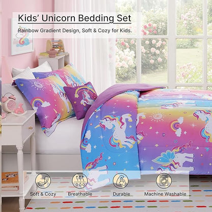 Full Size Comforter Set for Girls-4 Pieces Rainbow Unicorn Patterns Full Bedding Set with 1 Comforter, 1 Decor Pillow &2 Pillow Shams