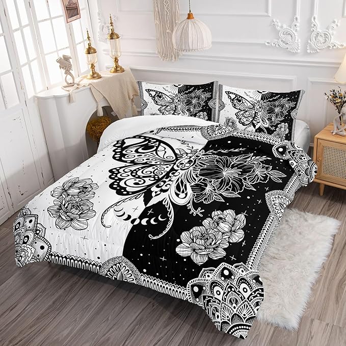 Black White Butterfly Comforter Set Bohemian Butterfly Printed Bedding Set with 1 Comforter and 2 Pillowcases for Boys and Girls Bedroom All Season(Butterfly-2 Twin)
