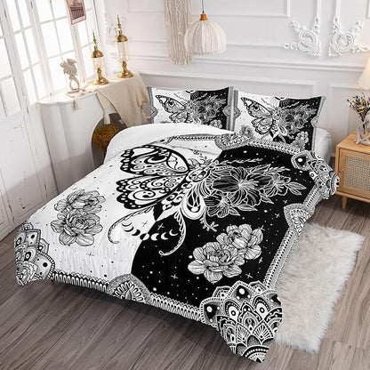 Black White Butterfly Comforter Set Bohemian Butterfly Printed Bedding Set with 1 Comforter and 2 Pillowcases for Boys and Girls Bedroom All Season(Butterfly-2 Twin)
