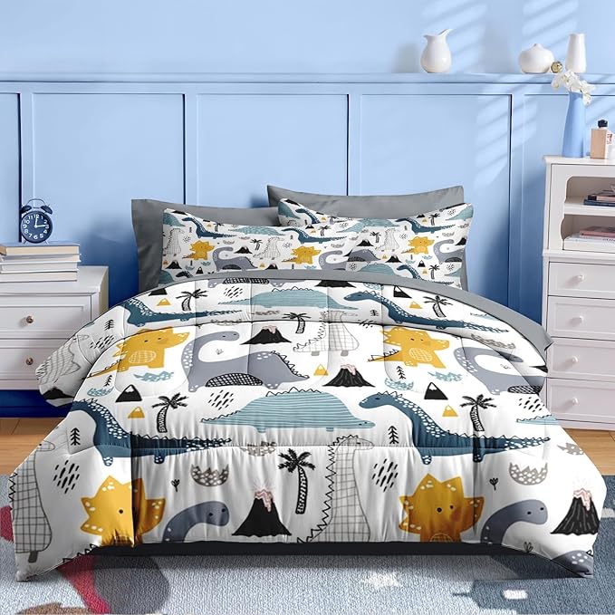 Nesker 7 Pcs Comforter Set Full Size, Cute Dinosaur Dino Bedding for Kids Teen, Blue Yellow Dragon with Fitted Sheet 2 Pillowcases & 2 Shams for Bedroom Bed Décor