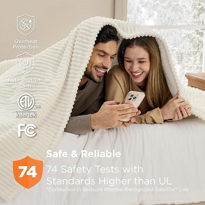 Bedsure GentleSoft Electric Blanket Queen Size - Soft Ribbed Flannel Heated Blanket with Dual Control, 10 Heat Settings, 10 Time Settings, 8 hrs Timer Auto Shut Off (84x90 inches, Coconut White)