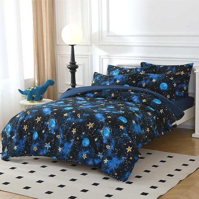 Glow in The Dark Kids Comforter Set， 3 Pieces Blue Space Bedding Set Twin Size for Boys Girls Teen, 1 Comforter, 1 Pillowcase, 1 Pillow Sham