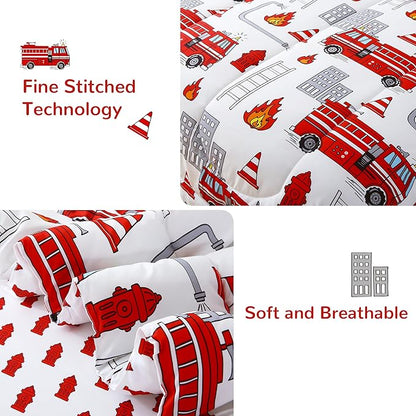 Mooreeke Kids Twin Comforter Sets for Boys 6 Pieces Fire Truck White Bedding Set for Teens Soft Microfiber Kids Bed in A Bag with Comforter, Sheet Set, Shams and Decorative Toy Pillow All Season