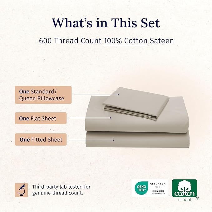 California Design Den Twin XL Sheets Set - Luxury 600 Thread Count Sateen, Natural 100% Cotton Bed Sheets Twin XL, Fully Elasticized Deep Pockets, Cool and Durable Bedding for Dorm Room - Soft Linen